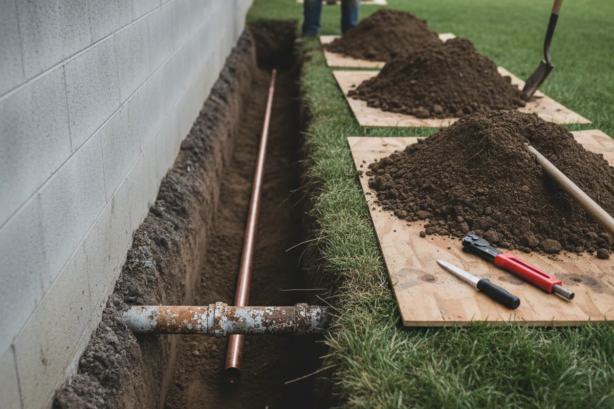 Excavated water line trench during Water Softener Installation in East Providence